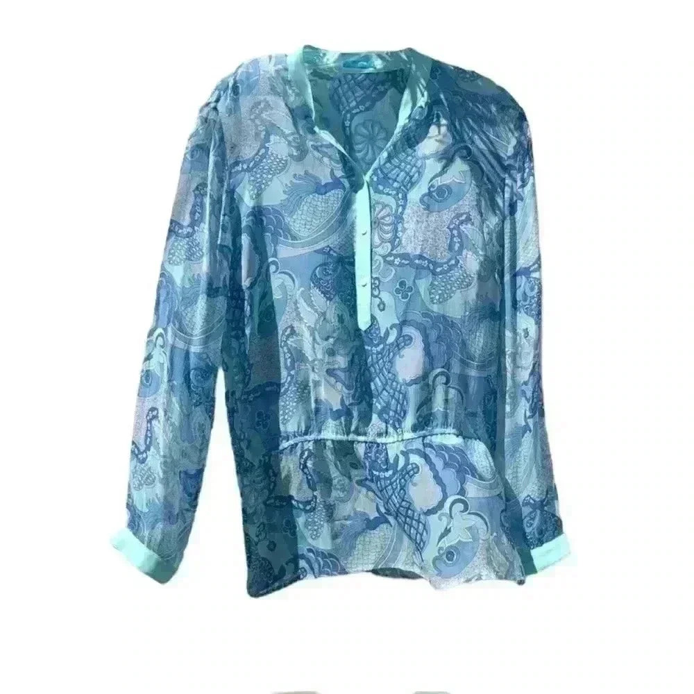 J.McLaughlin Sheer Paisley Tunic Style Top Drawstring Waist Size 8
